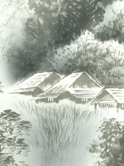 丸岡蒼雲 肉筆 水墨画 火鉢図　掛軸 扇形 日本美術 共箱 楽天市場】【中古】【書画】雲泉筆 水墨山水 肉筆絹本掛軸（共箱